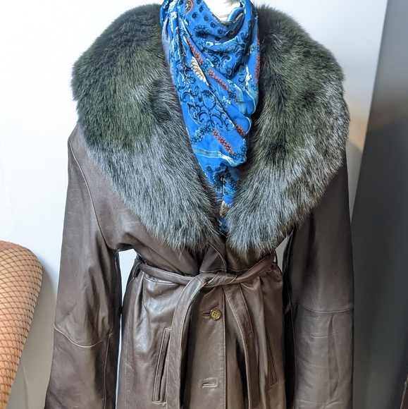 Vintage Jackets & Blazers - Vintage leather trench coat with fox fur